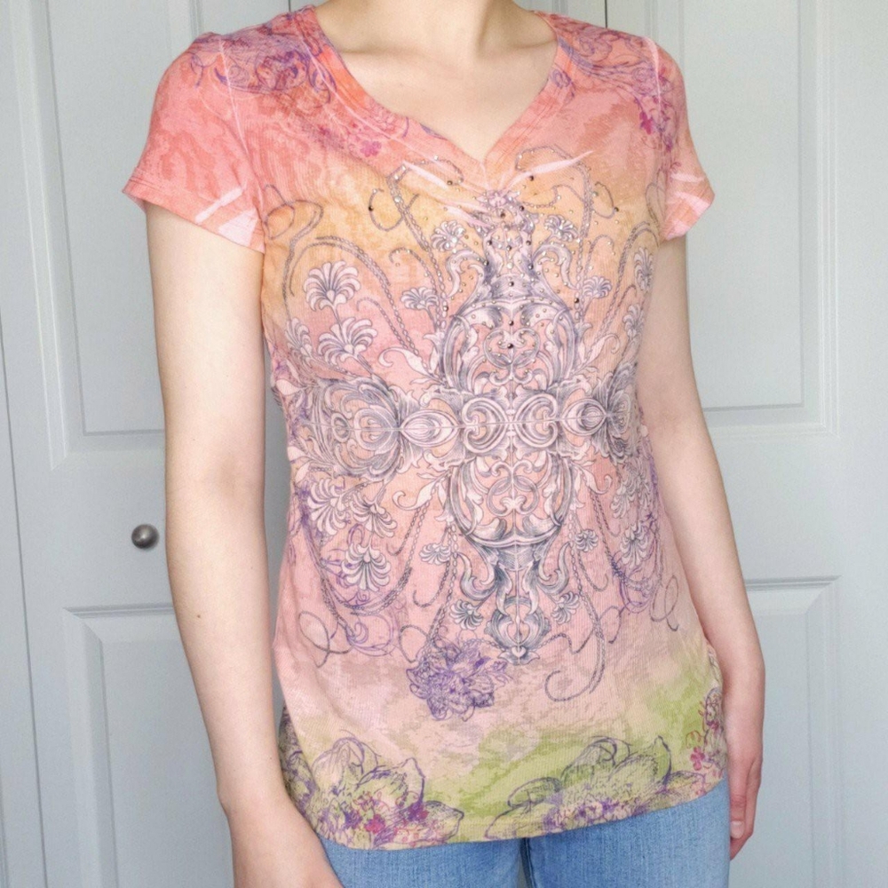 Y2K Pink Tye Dye Graphic V-neck T-shirt w/ Rhinestones
